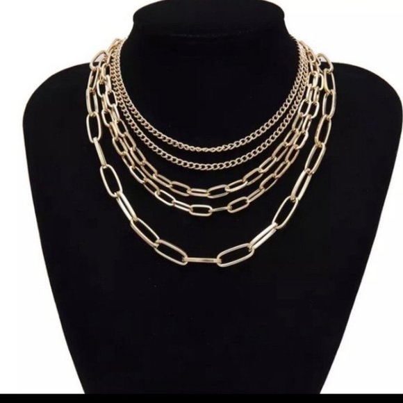 *Multi Layered Gold Chain Punk Choker Necklace - Picture 2 of 5